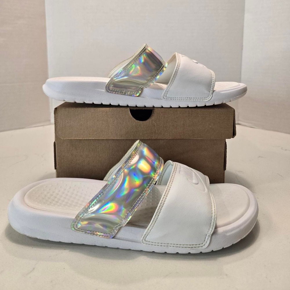 Nike Women's Benassi Duo White Hologram Silver Slides Womens size 8 US